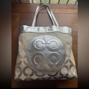 Coach Julia Op Art Metallic Gold Logo Jacquard & Leather Shoulder/Tote Bag